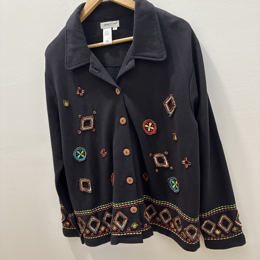 Coldwater Creek Cardigan Sweater size Large Beaded Black Jacket Art to Wear - Picture 4 of 9